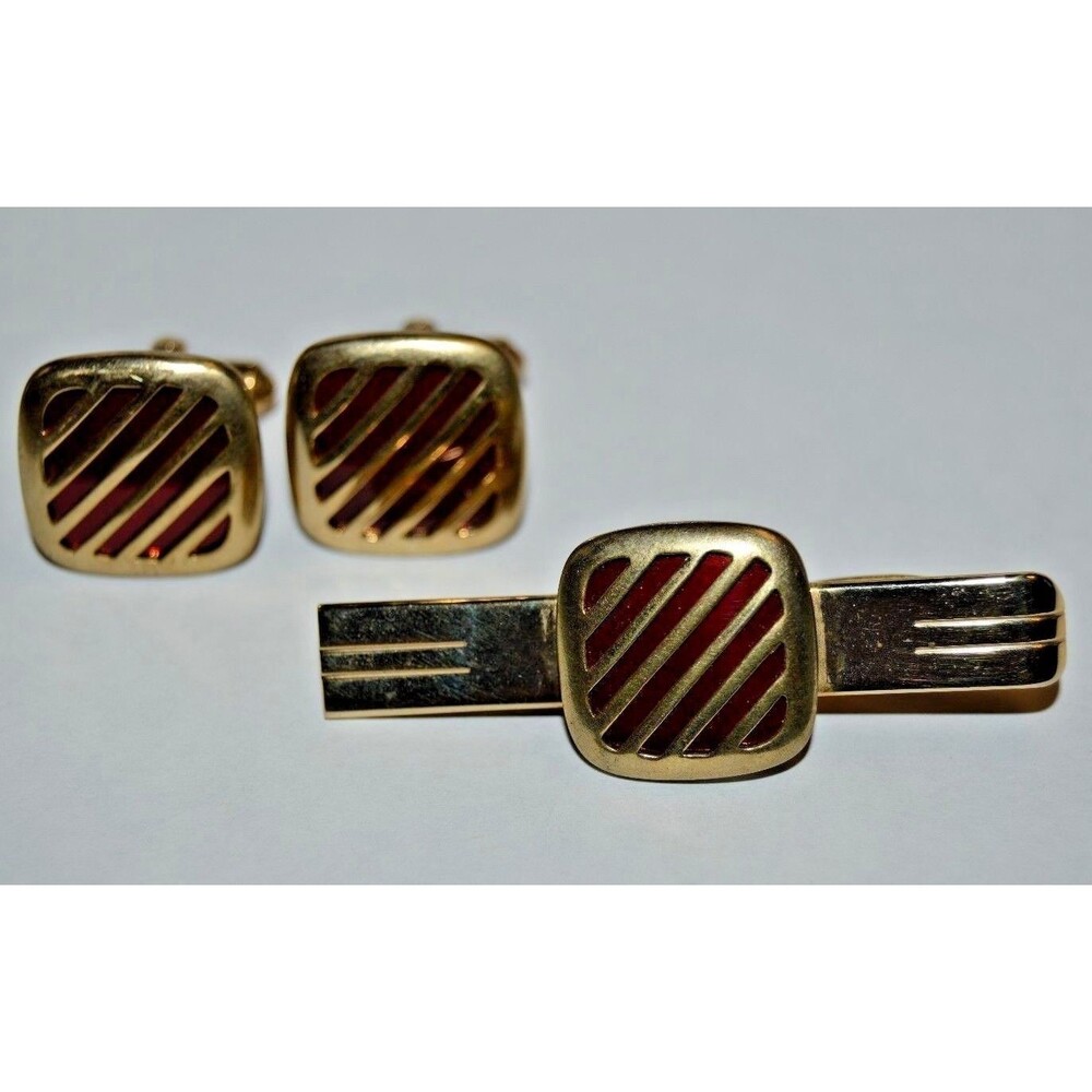 Vintage Brass with Red Accents 1960s Classic Men's Cuff Links & Tie Bar Set Rare